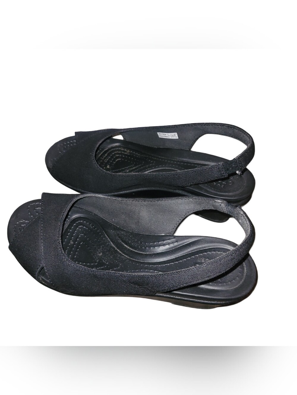 Crocs Leigh Ann Black Canvas Slingback Peep-Toe Wedge Sandals Size 6W - Picture 2 of 6